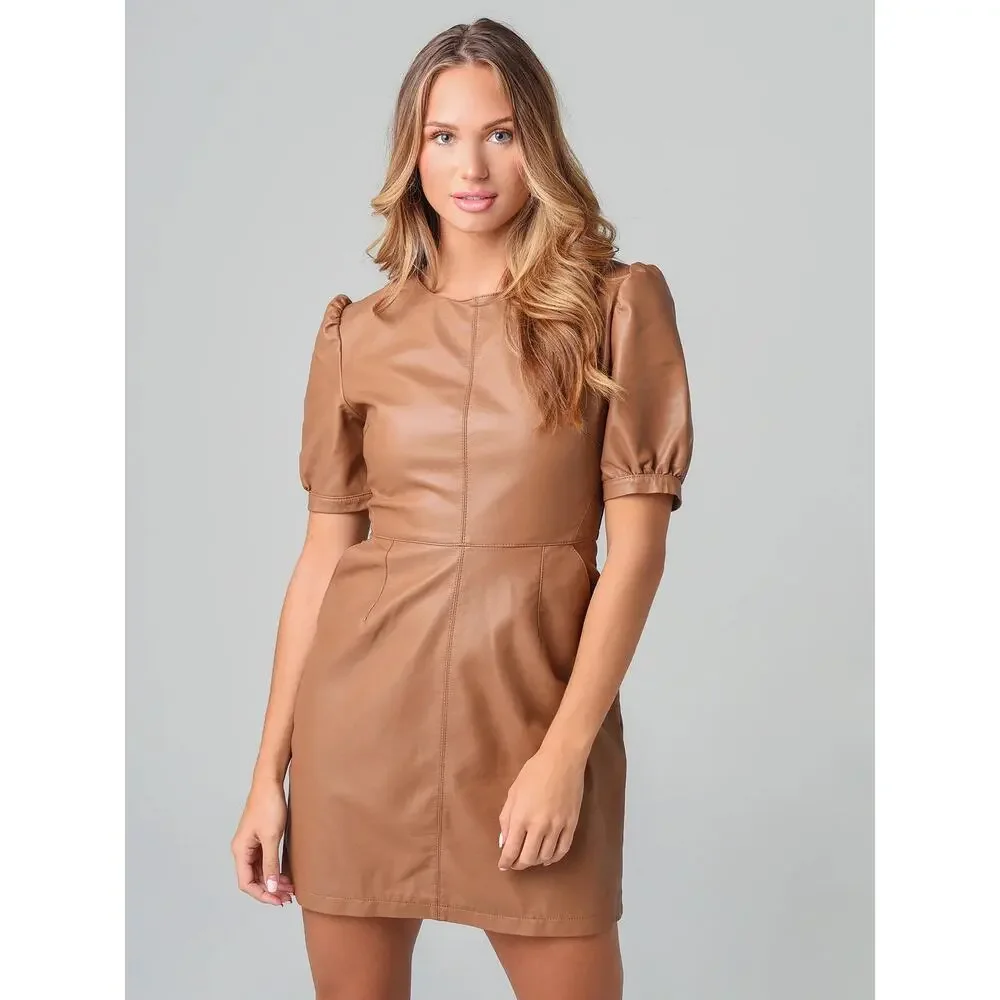 Cupcake & Cashmere Maggie Dress Brown Faux Leather Mini Dress with pockets - Picture 16 of 16